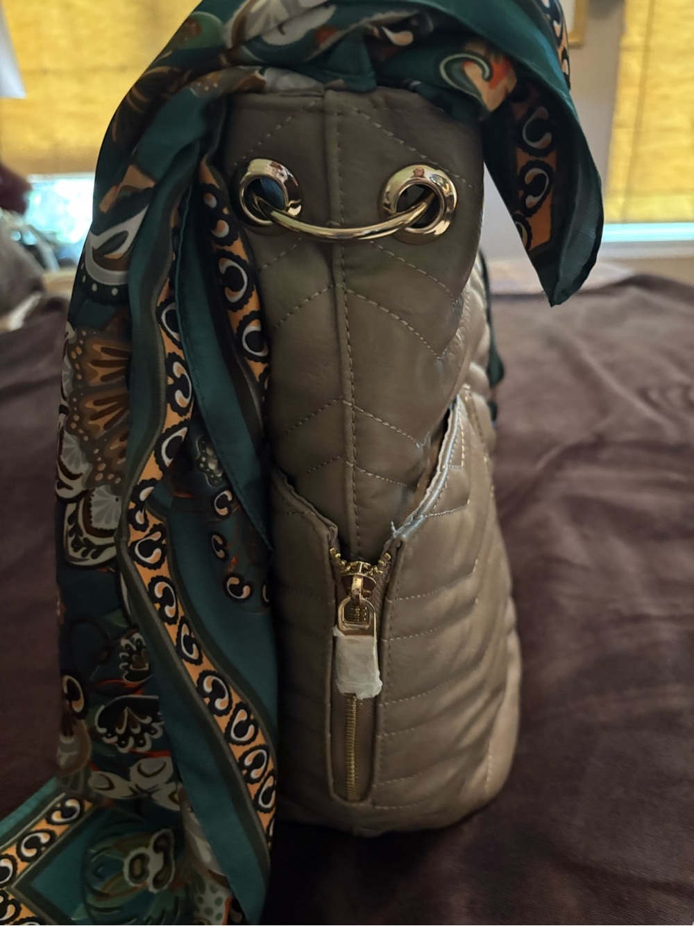 Quilted Tote Bag in Taupe - Women's Shoulder/crossbody Bag with Sm inside bag - Picture 5 of 10
